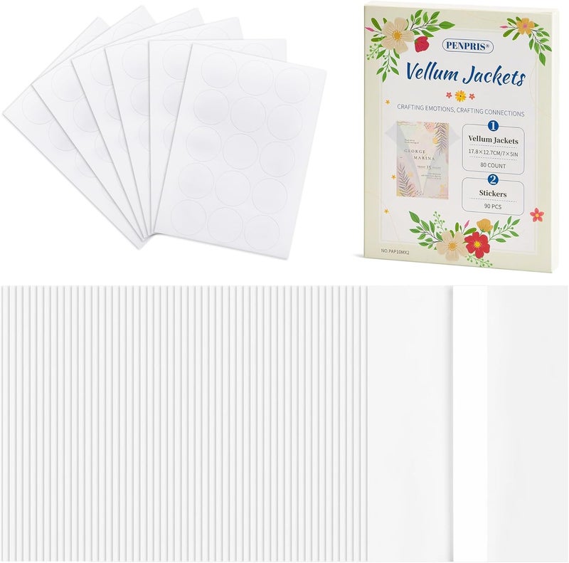 PENPRIS 80 Pcs Pre-Folded Vellum Jackets for 5x7 Invitations - Bulk Transparent Paper Envelope Liners with 90 Sealing Stickers for Wedding Birthdays Baby Showers Invitations PAP10MX2 - Image 1